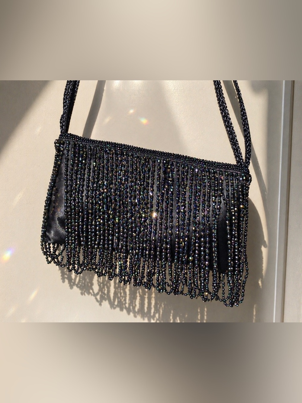 La Regale Black Iridescent Beaded Fringe Y2K Mini Shoulder Bag Party